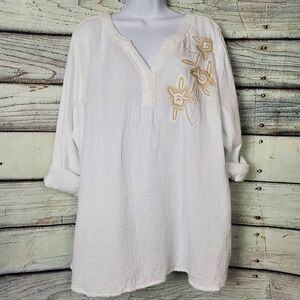 Susan Graver Pure Women’s White Embroidered 3/4 Sleeve Tunic Top Size 1X